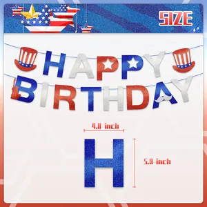 Glitter Happy Birthday banner set in red, blue, and silver for US Independence Day parties