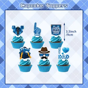 Father's Day cupcake toppers set with blue and white tie, shirt, and best dad designs