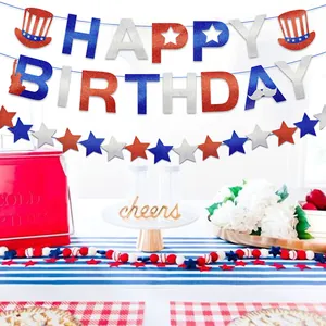 Red white and blue Happy Birthday banner with stars for Independence Day party