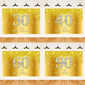 Happy Birthday Backdrop Gold Diamond Celebration Banner For Anniversary Party Decoration Milestone Photography Background Wall Hanging