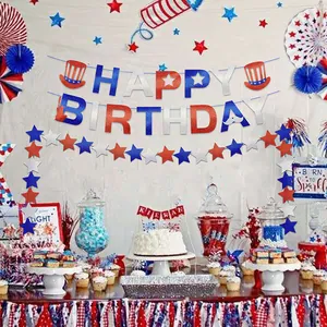 Detail of red white and blue glitter Happy Birthday banner with star garland set