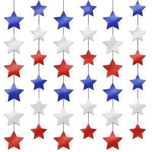 USA Independence Day Red White Blue Glitter Star Paper Garland Patriotic Party Decoration Hanging Banners For Home Celebration
