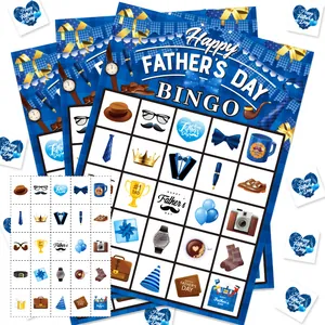 Cartelle per Bingo per la Festa del Papà per Attività di Festa Design a Quadri Blu Con Icone di Papillon e Ventiquattrore Divertente Gioco di Famiglia in Carta