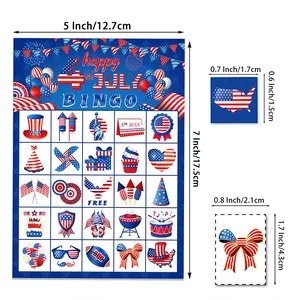 Independence Day Bingo cards set with US flag patterns and dimensions for holiday parties