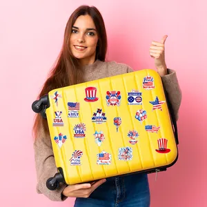 4th of July USA flag stickers and patriotic decorations on a yellow travel suitcase