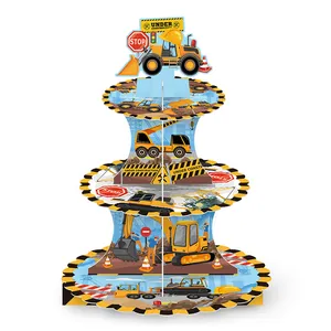 Construction Vehicle Theme 3-Tier Cardboard Cupcake Stand Excavator Pattern Birthday Party Dessert Table Cake Display Rack