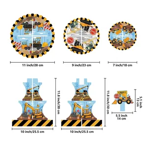 Construction theme cupcake stand set with excavator patterns in yellow and black