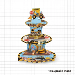 3-tier construction vehicle themed cardboard cupcake stand for kids birthday party decoration