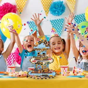 Construction theme 3-tier cupcake stand with excavator patterns for kids birthday party decor