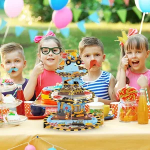 3-tier construction vehicle cupcake stand with excavator patterns for kids birthday party
