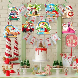 Decorazioni per feste di Natale tropicali con fenicotteri e Babbo Natale surfista a spirale