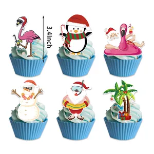 Decorazioni cupcake Natale tropicale con fenicottero e pinguino per feste a tema