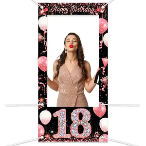 Happy Birthday Photo Booth Prop Banner Rose Gold Black Hollow Out Photography Background For Birthday Party Decorations