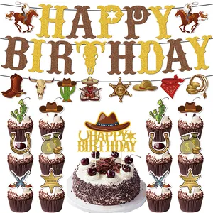 Décorations de gâteau et bannières d'anniversaire cowboy avec badges et bottes à paillettes