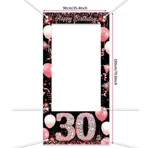 Rose gold 30th happy birthday banner with balloons and crown for party photography background