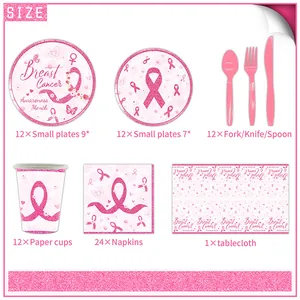 Pink ribbon breast cancer awareness party tableware set with plates, cups and napkins