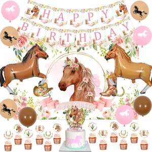 Horse Theme Birthday Party Decoration Happy Birthday Banner Horse Foil Balloons Floral Backdrop Paper Cake Toppers For Kids Birthday Celebration