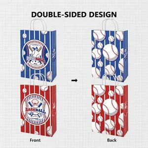 Double-sided baseball theme kraft paper gift bags with handles for sports party snacks