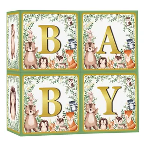 Lot de Boîtes à Ballons Baby Shower Animaux de la Forêt Thème Jungle Lettres Baby Or Décoration Cube en Carton Vert