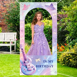 Guitar and butterfly birthday backdrop banner with purple gradient for party decor