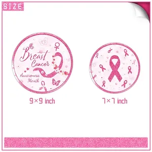 Pink ribbon breast cancer awareness disposable paper plates set in 7 and 9 inch sizes