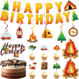 Decorazioni per Feste di Compleanno a Tema Campeggio Banner Happy Camper Spirali Appese Topper per Torta Avventura all'Aperto