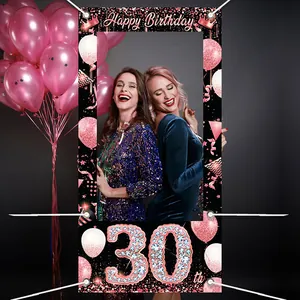 Rose gold 30th happy birthday photo booth frame with balloons for party decor
