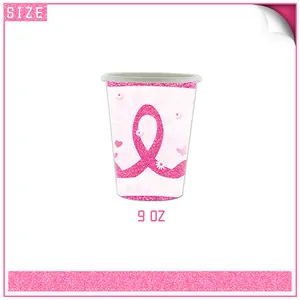Close-up of a 9 OZ pink breast cancer awareness paper cup with glitter ribbons and daisies