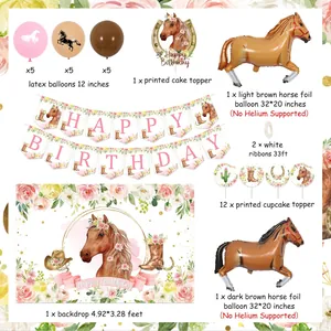 Horse themed birthday party decoration set with balloons, banners, and floral horse backdrop