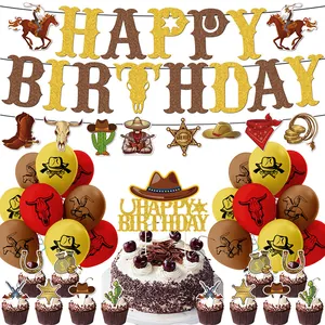 Décorations Fête Anniversaire Cowboy Western Bannière Happy Birthday Pailletée Topper Gâteau Ballons Latex Shérif