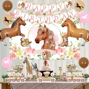 Horse theme birthday party decoration set with floral backdrop, banners, and balloons