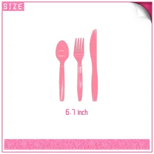 Detail of pink plastic cutlery set showing 6.7 inch spoon fork and knife for party use