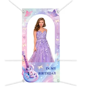 Guitar and butterfly birthday photo booth backdrop banner for girls party decoration