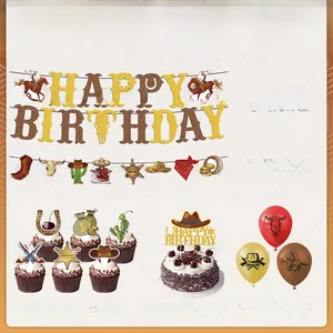 Kit de fête de cowboy comprenant bannière à paillettes, cake toppers et ballons décoratifs