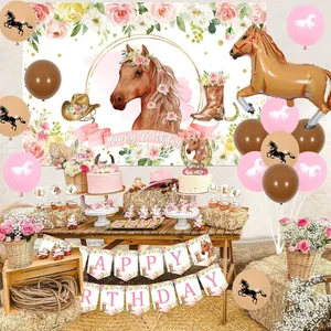 Horse theme birthday party decoration set with floral backdrop balloons and banner