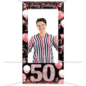 Rose gold 50th birthday photo booth frame banner for party backdrop decoration