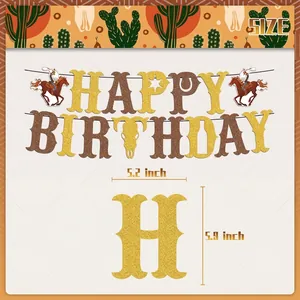 Banderole Happy Birthday thème cowboy avec décorations de cheval, étoile et fer à cheval
