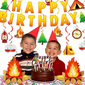 Set decorazioni compleanno a tema campeggio con striscione, riccioli e topper torta