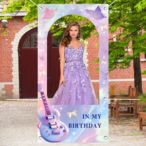 Guitar and butterfly birthday photo booth backdrop with arch cutout for party decor