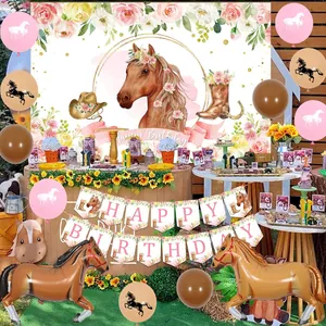 Horse themed birthday party kit with horse balloons floral backdrop and banners