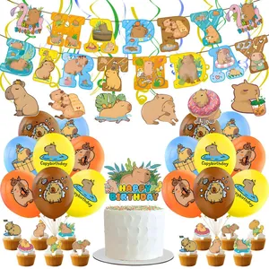 Cartoon Capybara Birthday Party Decoration Set Banner Cake Topper Integrated Cupcake Topper Latex Balloon Party Supplies
