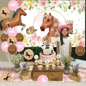 Detailed horse theme birthday party set with banner, balloons and cupcake toppers