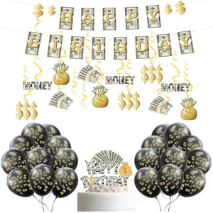Set di Decorazioni per Feste di Compleanno a Tema Dollaro Banner in Carta Palloncini in Lattice Topper per Torta Ornamenti a Spirale