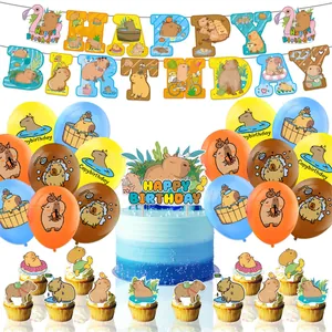 Capybara birthday party set with banners, balloons, and cake toppers on white background