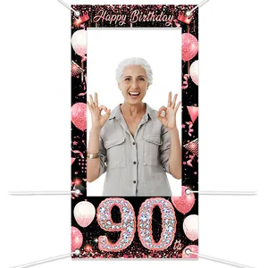 90th Happy Birthday photo booth frame banner with rose gold glitter balloons and crown