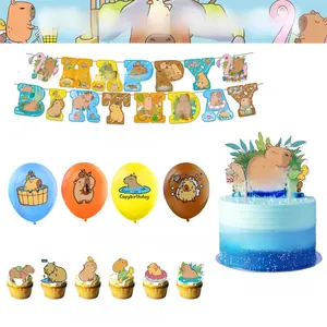 Detailed set of Capybara party decorations including banners, balloons and cake toppers