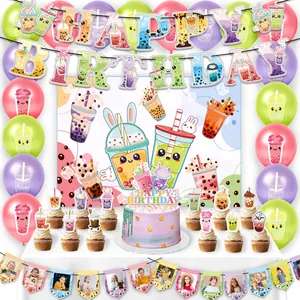 Boba Milk Tea Birthday Decorations Happy Birthday Banner Latex Balloons Backdrop Cake Toppers Invitations Cards Party Decor