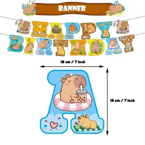 Capybara theme Happy Birthday banner party decoration kit with cartoon animal illustrations