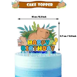 Cute Capybara Happy Birthday cake topper with rainbow letters and nature graphics