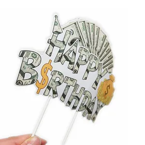 Decorazione per torta Happy Birthday a tema soldi con simboli del dollaro e sacchi